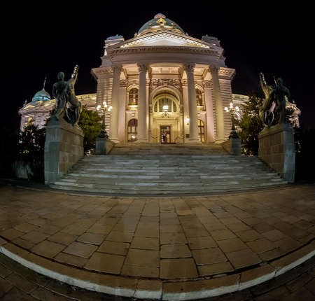 BELGRADE, SERBIA - OCTOBER 20, 2017: Entrance in Serbian Parliament building in Belgrade at night.のeditorial素材