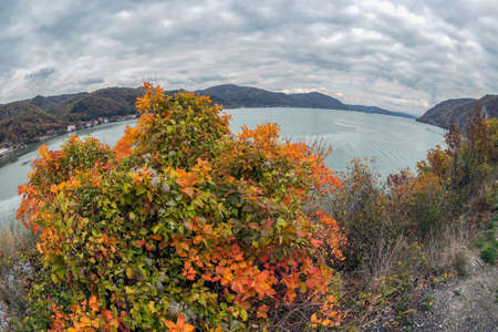 Fish eye view with autumn at the Danube Gorges, the border between Romania and Serbia. View from Romanian part.の写真素材