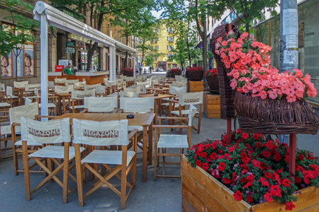 TIMISOARA, ROMANIA - APRIL 22, 2016: Female giant shoe made of twigs and flowers. Street decoration, terace on background.のeditorial素材