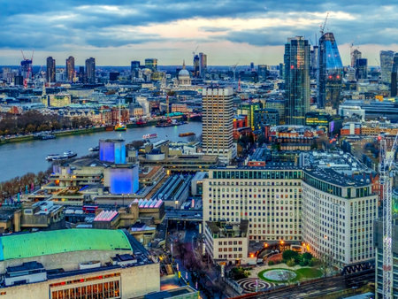 LONDON, ENGLAND - NOVEMBER 28, 2017: Aertial view at oane part of city, at dusk time, from London...