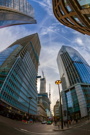 LONDON, ENGLAND - NOVEMBER 27, 2017: Wide angle shot of skyscrapers in Central London and buildings...
