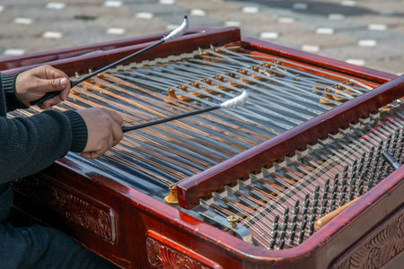Street artist fiddler, plays at the cymbalom (dulcimer) musical instrument.