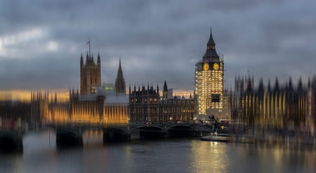 Panoramic view on London's southern cityscape with Westminster Abbey, Big Ben, Houses of Parliament...