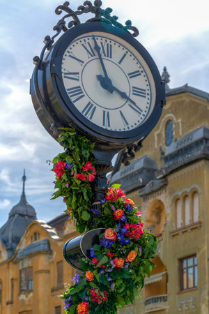 Beautiful floral decorations in Victory Square of Timisoara, Romania with old clock.の写真素材