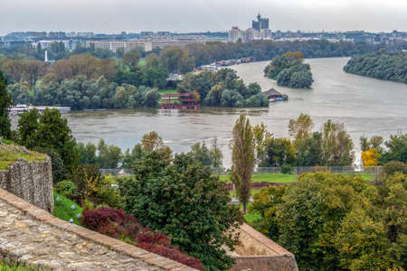 BELGRADE, SERBIA - OCTOBER 4, 2014: View from the height of the Kalemegdan fortress on the connection of the Danube River with the River Sava.のeditorial素材