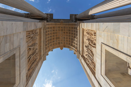 MILAN, ITALY - JUNE 22, 2018: Detail of Triumph Arc - Arco Della Pace in Sempione park at sunset...