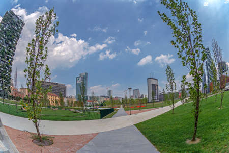 MILAN, ITALY - JUNE 22, 2018: Foundation Riccardo Catella, Vertical Forest, Library of trees, new park and skyscrapers.のeditorial素材