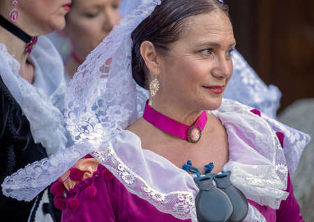 TIMISOARA, ROMANIA - JULY 6, 2017: Mature dancer woman from Spain in traditional costume present at the international folk festivalのeditorial素材