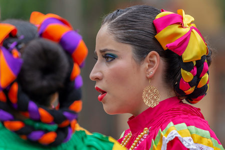 TIMISOARA, ROMANIA - JULY 8, 2018: Dancer woman from Mexico in traditional costume present at the...