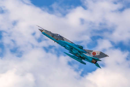 TIMISOARA, ROMANIA - JUNE 23, 2018: Fighter jet doing demonstrations at one air show organized by international airport from Timisoara.のeditorial素材