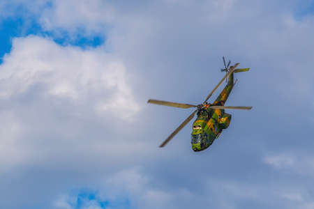 TIMISOARA, ROMANIA - JUNE 23, 2018: Helicopter doing demonstrations at one air show organized by international airport from Timisoara.のeditorial素材