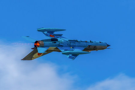 TIMISOARA, ROMANIA - JUNE 23, 2018: Fighter jet doing demonstrations at one air show organized by international airport from Timisoara.のeditorial素材