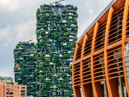MILAN, ITALY - JUNE 22, 2018: Bosco Verticale and wood building from Porta Nuova. Gae Aulenti square, financial district at Porta Garibaldi.のeditorial素材