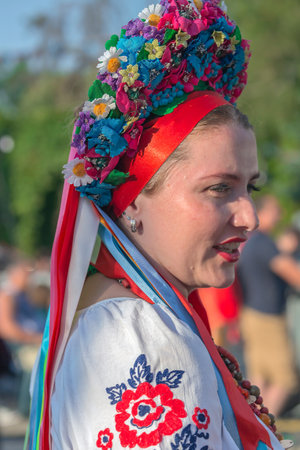 TIMISOARA, ROMANIA - JULY 5, 2018: Woman from Ukraine in traditional costume, present at the international folk festivalのeditorial素材