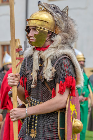 ALBA IULIA, ROMANIA - APRIL 29, 2017: Roman soldier in battle costume, present at APULUM ROMAN FESTIVAL, organized by the City Hall.のeditorial素材