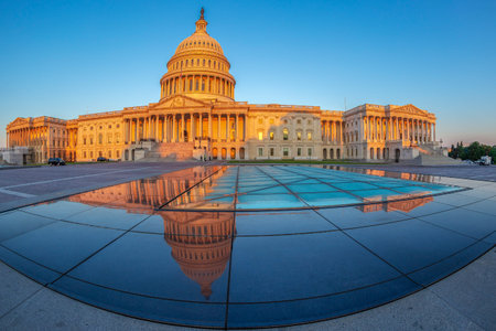WASHINGTON DC, USA - SEPTEMBER 4, 2018: Large angle view with the United States Capitol building at early morning.のeditorial素材