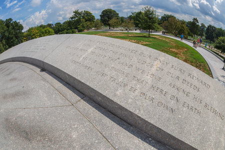 Arlington, Washington, USA - August 31, 2018: Engraved inscriptions on the assembly in front of the...