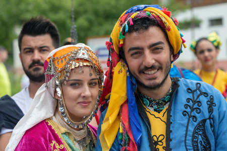 TIMISOARA, ROMANIA - JULY 8, 2018: Turkish dancers in traditional costume present at the international folk festivalのeditorial素材