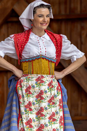 TIMISOARA, ROMANIA - JULY 8, 2018: Woman dancer from Italy in traditional costume present at the international folk festivalのeditorial素材