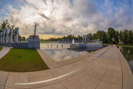 WASHINGTON DC, USA - AUGUST 31, 2018: Large angle view of World War Two Memorial with Washington Monument in background from Lincoln Memorial, at early morning light.のeditorial素材