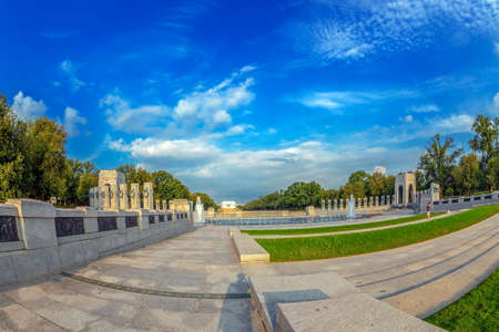 WASHINGTON DC, USA - AUGUST 31, 2018: World War Two Memorial. Close up detail of architecture to this famous and landmark monument and Lincoln Memorial in background.のeditorial素材