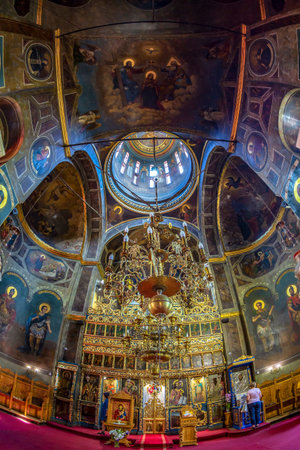 BUCHAREST, ROMANIA - JULY 16, 2018: Inside of the Orthodox Church of Zlatari located on Calea...