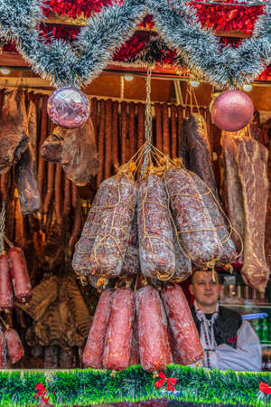 TIMISOARA, ROMANIA - DECEMBER 1, 2018: Aspects from the street Christmas fair with traditional products from Maramures area and specific atmosphere.のeditorial素材