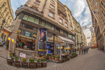 BUDAPEST, HUNGARY - DECEMBER 18, 2018: Famous Vaci utca, the main shoping street, decorated for Christmas time, with specific atmosphere.のeditorial素材