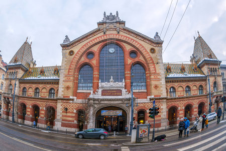 Budapest, Hungary - December 18, 2018: Exterior view of famous historic Central Market Hall. It was...