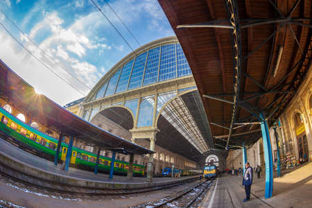 BUDAPEST, HUNGARY - DECEMBER 18, 2018: Transit passengers in Budapest Keleti railway station-Budapest Keleti palyaudvar, the main railway station in Budapest and the largest station in Hungary.のeditorial素材