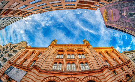 BUDAPEST,HUNGARY-DECEMBER 18, 2018: Exterior of The Rumbach Synagogue located Rumbach SebestyÃ©n...