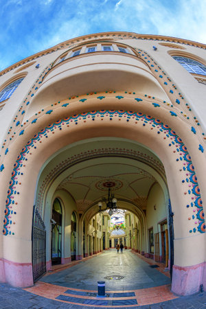 ORADEA, ROMANIA - JANUARY 27, 2018: The Black Eagle Palace and glass covered passage, landmark of the city. Built between 1907-1908 by the architects Marcell Komor and Odso Jakob, in secession styleのeditorial素材