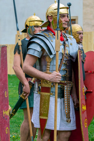 ALBA IULIA, ROMANIA - APRIL 29, 2017: Roman soldiers in battle costume, present at APULUM ROMAN...