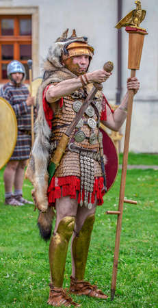 ALBA IULIA, ROMANIA - APRIL 29, 2017: Roman soldier in battle costume, present at APULUM ROMAN FESTIVAL, organized by the City Hall.のeditorial素材
