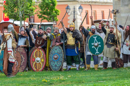 ALBA IULIA, ROMANIA - APRIL 29, 2017: Dacian soldiers in battle costume, present at APULUM ROMAN FESTIVAL, organized by the City Hall.のeditorial素材