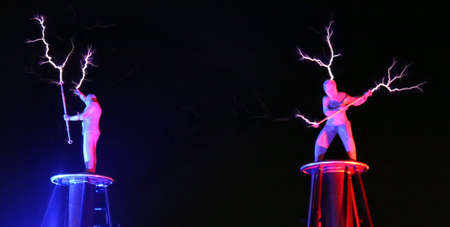 Timisoara, Romania - March 21, 2019: Arcadia Company Electric Show - the Tesla Coil Electric show, organized together with the City Hall.のeditorial素材