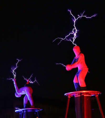 Timisoara, Romania - March 21, 2019: Arcadia Company Electric Show - the Tesla Coil Electric show, organized together with the City Hall.のeditorial素材