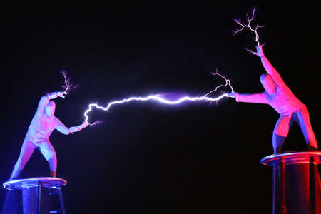 Timisoara, Romania - March 21, 2019: Arcadia Company Electric Show - the Tesla Coil Electric show, organized together with the City Hall.のeditorial素材