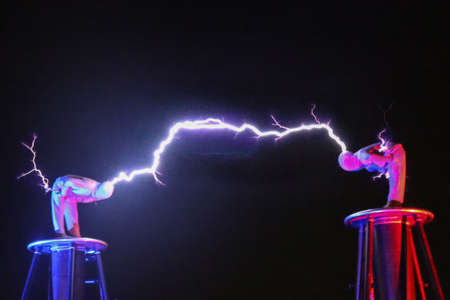 Timisoara, Romania - March 21, 2019: Arcadia Company Electric Show - the Tesla Coil Electric show, organized together with the City Hall.のeditorial素材