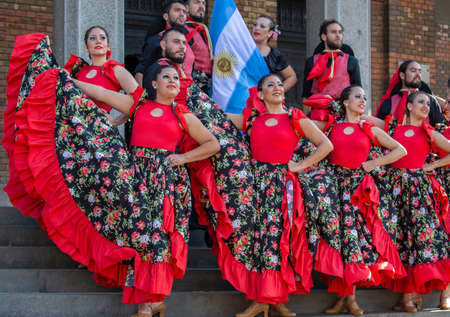 TIMISOARA, ROMANIA - JULY 6, 2017: Group of dancer from Argentina in traditional costume present at the international folk festival, International Festival of hearts, organized by the City Hall.のeditorial素材