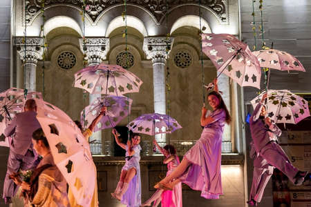 TIMISOARA, ROMANIA - JUNE 14, 2019: Spanish actors in night show air theater on the street, European Festival of Performing-Romanian Drama Festival, organizing by City Hall in Victory Square.のeditorial素材