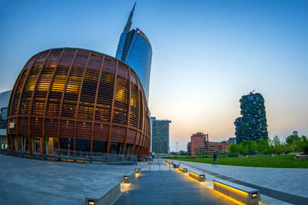 MILAN, ITALY - JUNE 28, 2019: Foundation Riccardo Catella, Unicredit tower, IBM building, Vertical Forest, Library of trees, new park and skyscrapers.のeditorial素材