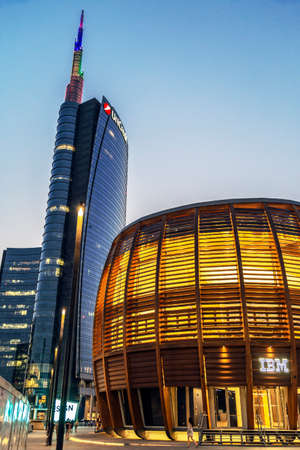MILAN, ITALY - JUNE 28, 2019: IBM Pavilion designed by Michele De Lucchi. Unicredit Bank Tower the tallest skyscraper in Italy by Cesar Pelli.Gae Aulenti square, financial district at Porta Garibaldi.のeditorial素材