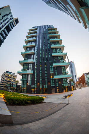 MILAN, ITALY - JUNE 28, 2019: Wide angle view of the new futuristic architecture buildings in Porta Nuova district.のeditorial素材