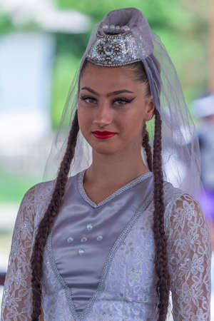 TIMISOARA, ROMANIA - JULY 7, 2019: Dancer woman from Georgia in traditional costume present at the international folk festival ,International Festival of hearts, organized by the City Hall.のeditorial素材