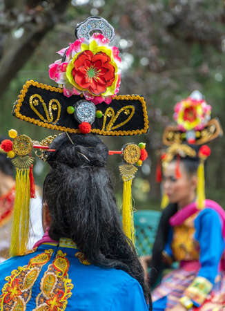 ROMANIA, TIMISOARA - JULY 7, 2017: Detail of multi colored folk Indonesian traditional costume.のeditorial素材