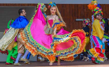 TIMISOARA, ROMANIA - JULY 7, 2019: Young dancers from Colombia in traditional costume present at the international folk festival, International Festival of hearts, organized by the City Hall.のeditorial素材