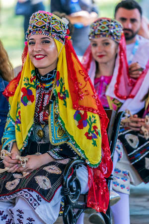 TIMISOARA, TIMISOARA - JULY 7, 2019: Young dancers from Turkey in traditional costume, present at the international folk festival, International Festival of hearts, organized by the City Hall.のeditorial素材