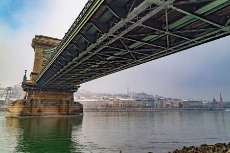 Chain Bridge in Budapest, Hungary. Suspended bridge over Danube river, from the nineteenth century, designed by William Tierney Clark.の写真素材
