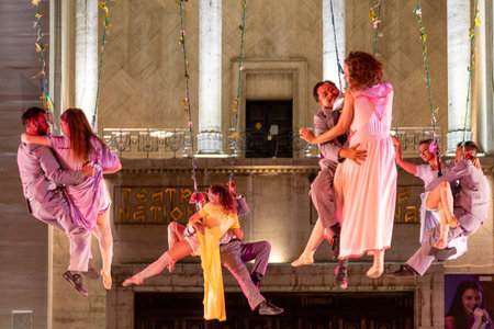 TIMISOARA, ROMANIA - JUNE 14, 2019: Spanish actors in night show air theater on the street, European...